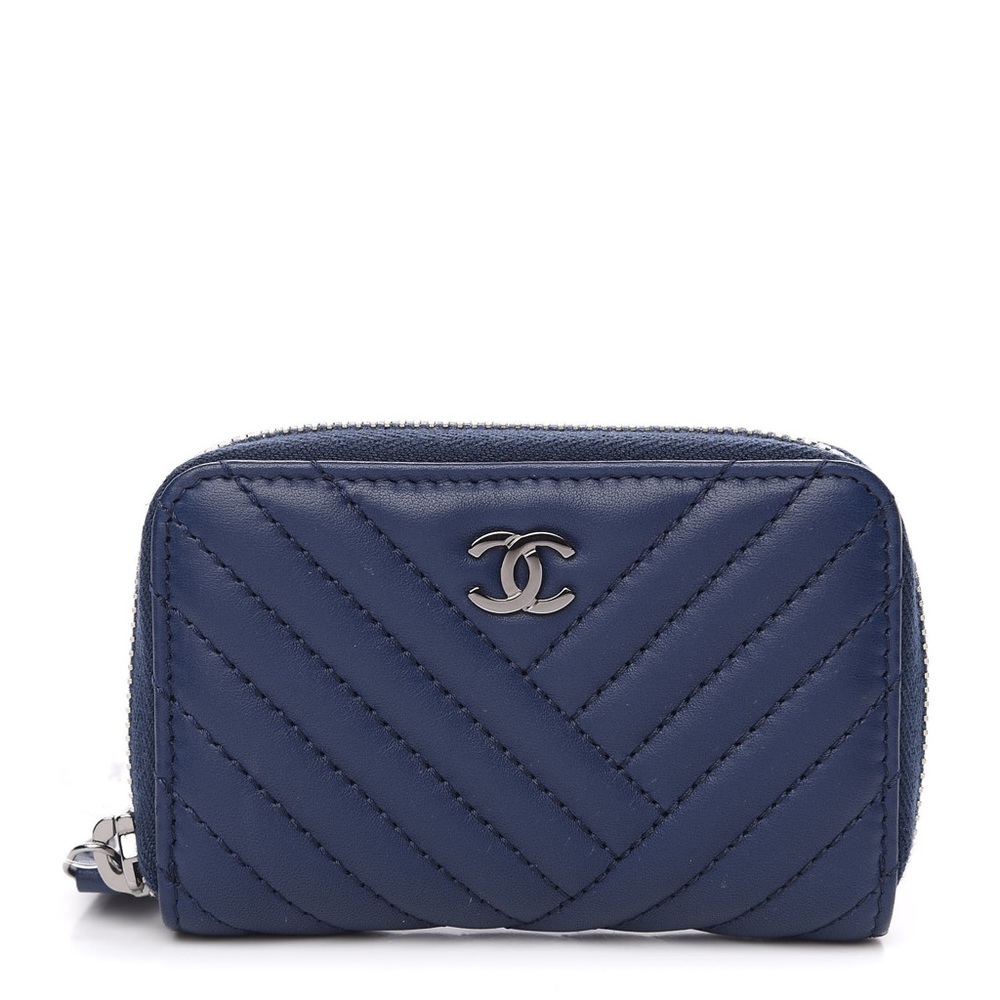 CHANEL Lambskin Quilted CC Chevron Coin Purse with Zipper (Navy)